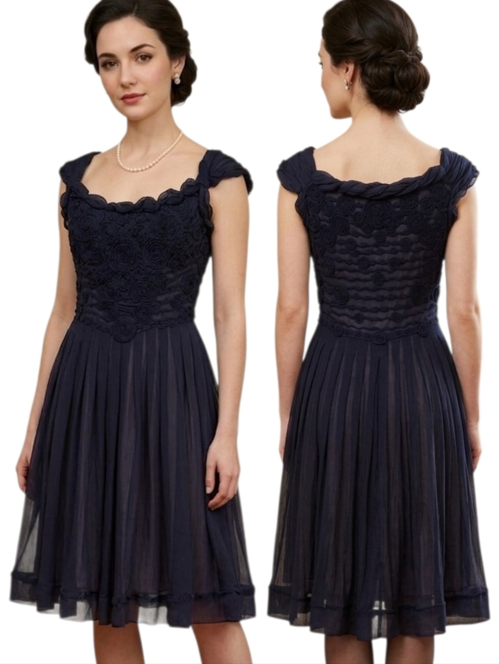 PERUVIAN CONNECTION Navy Silk Chiffon Rosette Cocktail Dress - Size 8